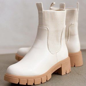 NEW Off White Chunky Lug Sole Platform Elastic Sock Ankle Chelsea Bootie Boots